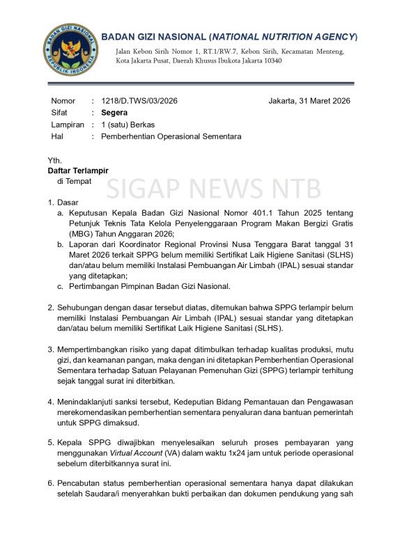 Surat Pemberhentian Operasional SPPG Provinsi Nusa Tenggara Barat (NTB) - Halaman 1 (BGN RI)